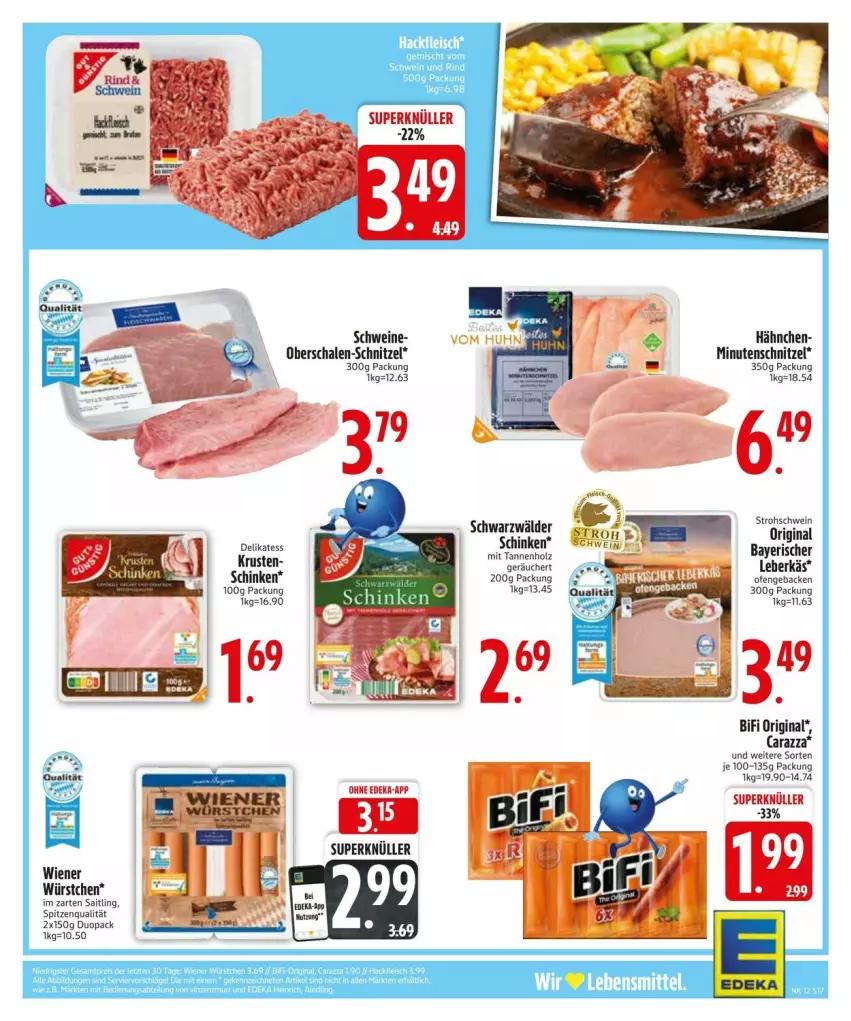 Aktueller Prospekt Edeka - Prospekte - von 17.03 bis 22.03.2025 - strona 17 - produkty: bifi, geback, gin, Holz, im zarten saitling, lebensmittel, leberkäs, minutenschnitzel, Ofen, Schal, Schale, schinken, schnitzel, schwein, schweine, spitzenqualität, wein, weine, wiener, wiener würstchen, würstchen