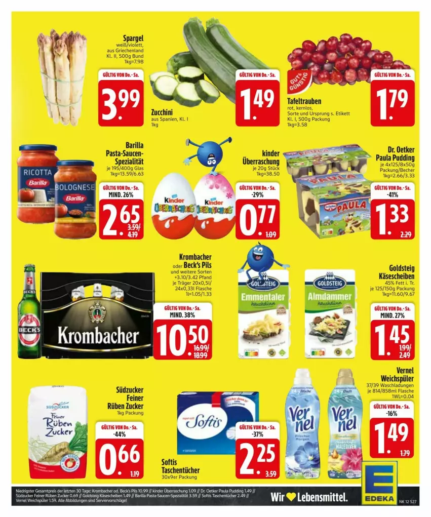 Aktueller Prospekt Edeka - Prospekte - von 17.03 bis 22.03.2025 - strona 27 - produkty: barilla, Becher, beck's, flasche, goldsteig, Käse, käsescheiben, Kinder, krombache, krombacher, lebensmittel, pasta, pasta-sauce, Paula, pils, sauce, saucen, spargel, Spezi, südzucker, tafeltrauben, Tasche, taschen, taschentücher, Ti, trauben, tücher, vernel, weichspüler, zucchini, zucker