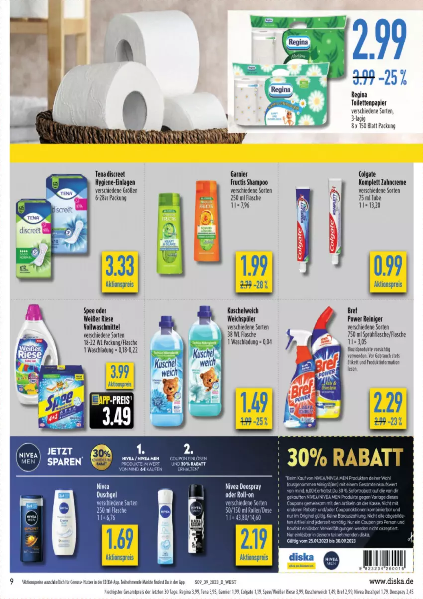 Aktueller Prospekt Diska - Prospekte - von 25.09 bis 30.09.2023 - strona 9 - produkty: aktionspreis, bio, biozidprodukte, Brei, colgate, coupon, creme, deka, deo, deospray, Discreet, duschgel, eis, flasche, fructis, garnier, gelee, gin, Kuschelweich, LG, nivea, Nivea Men, nuss, papier, Rauch, reiniger, reis, Roller, rwe, shampoo, spee, sprühflasche, Ti, vollwaschmittel, waschmittel, weichspüler, zahncreme, ZTE