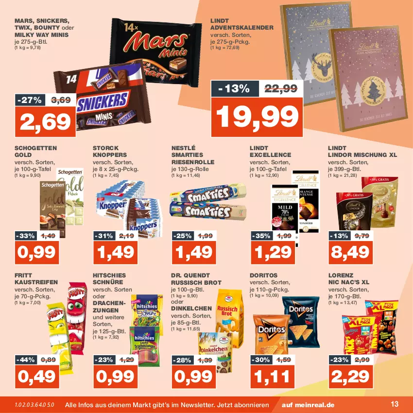 Aktueller Prospekt Real - von 13.11 bis 18.11.2023 - strona 13 - produkty: Adventskalender, aust, bounty, brot, Doritos, elle, Kaustreifen, knoppers, lindor, lindt, lorenz, mars, milky way, nestlé, reifen, russisch brot, schogetten, smarties, snickers, storck, Ti, twix