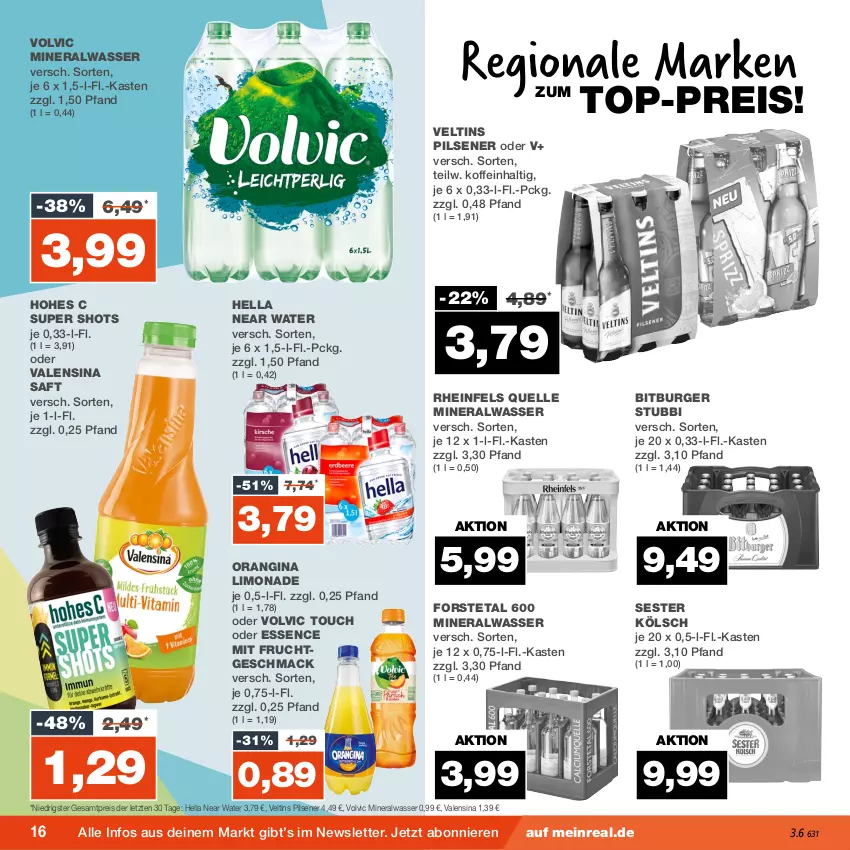 Aktueller Prospekt Real - von 13.11 bis 18.11.2023 - strona 16 - produkty: Alwa, bitburger, burger, eis, elle, Forstetal, frucht, gin, hella, Hohes C, limo, limonade, mac, mineralwasser, mit frucht, orangina, pils, pilsener, reis, rheinfels quelle, saft, Ti, top-preis, valensina, veltins, veltins pilsener, volvic, wasser, ZTE