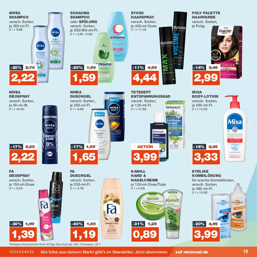 Aktueller Prospekt Real - von 13.11 bis 18.11.2023 - strona 19 - produkty: Bad, body, creme, deo, deospray, duschgel, eis, fa duschgel, haarspray, Kamill, linsen, Lotion, Mixa, nivea, Palette, reis, schauma, schauma shampoo, shampoo, shampoo oder spülung, spülung, syoss, Ti, Yo, ZTE