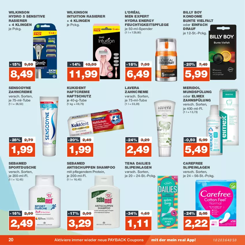 Aktueller Prospekt Real - von 13.11 bis 18.11.2023 - strona 20 - produkty: Billy Boy, carefree, coupon, coupons, creme, dailies, dusche, elmex, feuchtigkeitspflege, Haftcreme, Kondome, Kukident, lavera, meridol, mundspülung, payback, rasierer, sebamed, sensodyne, shampoo, slip, slipeinlagen, Sport, spülung, Ti, tisch, wilkinson, zahncreme