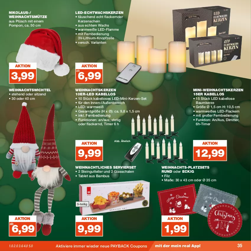 Aktueller Prospekt Real - von 13.11 bis 18.11.2023 - strona 35 - produkty: bambus, Bau, coupon, coupons, dimmer, Echtwachskerzen, elle, fernbedienung, kerze, lack, Lacke, lamm, mit fernbedienung, Mütze, payback, Plüsch, Ria, Schal, Schale, tablet, teller, Ti, timer, Weihnachtskerzen, Wichtel