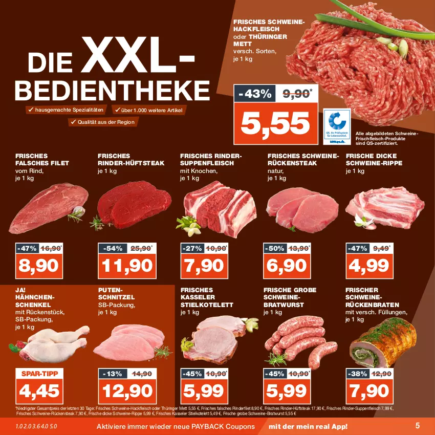 Aktueller Prospekt Real - von 13.11 bis 18.11.2023 - strona 5 - produkty: braten, bratwurst, coupon, coupons, eis, Falsches Filet, filet, fleisch, hackfleisch, hähnchenschenkel, henkel, hüftsteak, kasseler, kotelett, mac, Mett, natur, payback, pute, putenschnitzel, reis, rind, rinder, rinderfilet, ring, Rückenbraten, Rückensteak, schenkel, schnitzel, schwein, schweine, Schweinebratwurst, Schweinehackfleisch, schweinerücken, Spezi, steak, suppe, suppen, suppenfleisch, Ti, wein, weine, wurst, ZTE