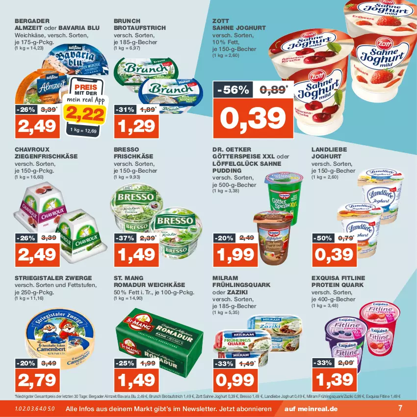 Aktueller Prospekt Real - von 13.11 bis 18.11.2023 - strona 7 - produkty: aufstrich, bavaria blu, Becher, bergader, bresso, brot, brotaufstrich, chavroux, Dr. Oetker, eis, exquisa, fitline, frischkäse, götterspeise, joghur, joghurt, Käse, landliebe, landliebe joghurt, LG, Löffel, milram, pudding, quark, reis, Ria, sahne, sahne joghurt, St. Mang, weichkäse, zaziki, ziegenfrischkäse, zott, ZTE