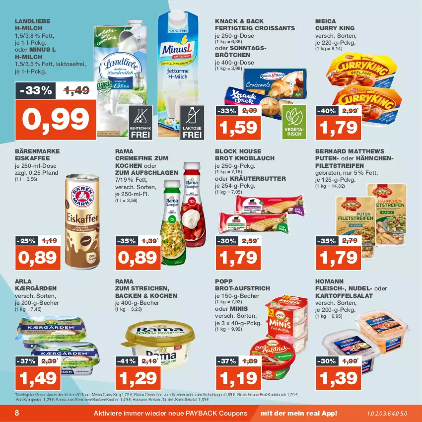 Aktueller Prospekt Real - von 13.11 bis 18.11.2023 - strona 8 - produkty: arla, aufstrich, bärenmarke, Becher, braten, brot, brötchen, butter, coupon, coupons, creme, Croissant, croissants, curry, eis, eiskaffee, filet, filets, fleisch, homann, Kærgården, kaffee, kartoffel, kartoffelsalat, knoblauch, kräuter, kräuterbutter, landliebe, meica, milch, nudel, oder kräuter, payback, Popp, pute, rama, rama cremefine, reifen, reis, salat, Sonntagsbrötchen, Ti, ZTE