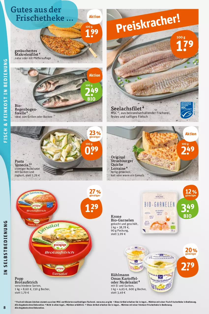 Aktueller Prospekt Tegut - Angebote der Woche - von 10.07 bis 15.07.2023 - strona 10 - produkty: angebot, angebote, aufstrich, Becher, bio, brot, brotaufstrich, dekoration, eis, elle, feinkost, filet, fisch, fische, Fischer, fleisch, forelle, garnelen, geback, gin, grill, gurke, gurken, ideal zum grillen, joghur, joghurt, kartoffel, krone, kühlmann, lachs, lachsfilet, Makrele, natur, nudel, nudelsalat, nuss, pasta, pfeffer, Popp, Quiche, rel, saft, salat, Schere, seelachsfilet, tender, Ti