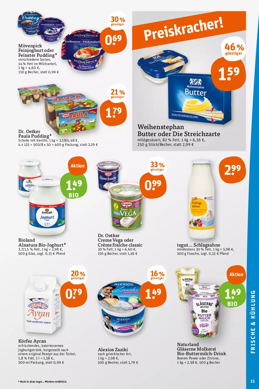 Aktueller Prospekt Tegut - Angebote der Woche - von 10.07 bis 15.07.2023 - strona 13 - produkty: Ayran, Becher, beere, beeren, bio, Bio-Butter, bio-joghurt, bioland, butter, buttermilch, creme, crème fraîche, Dr. Oetker, drink, feinjoghurt, flasche, getränk, gin, Gläser, joghur, joghurt, milch, mövenpick, natur, natura, naturland, Paula, paula pudding, pudding, rezept, sahne, schlagsahne, schoko, Streichzart, Ti, vanille, weihenstephan, zaziki, zitrone