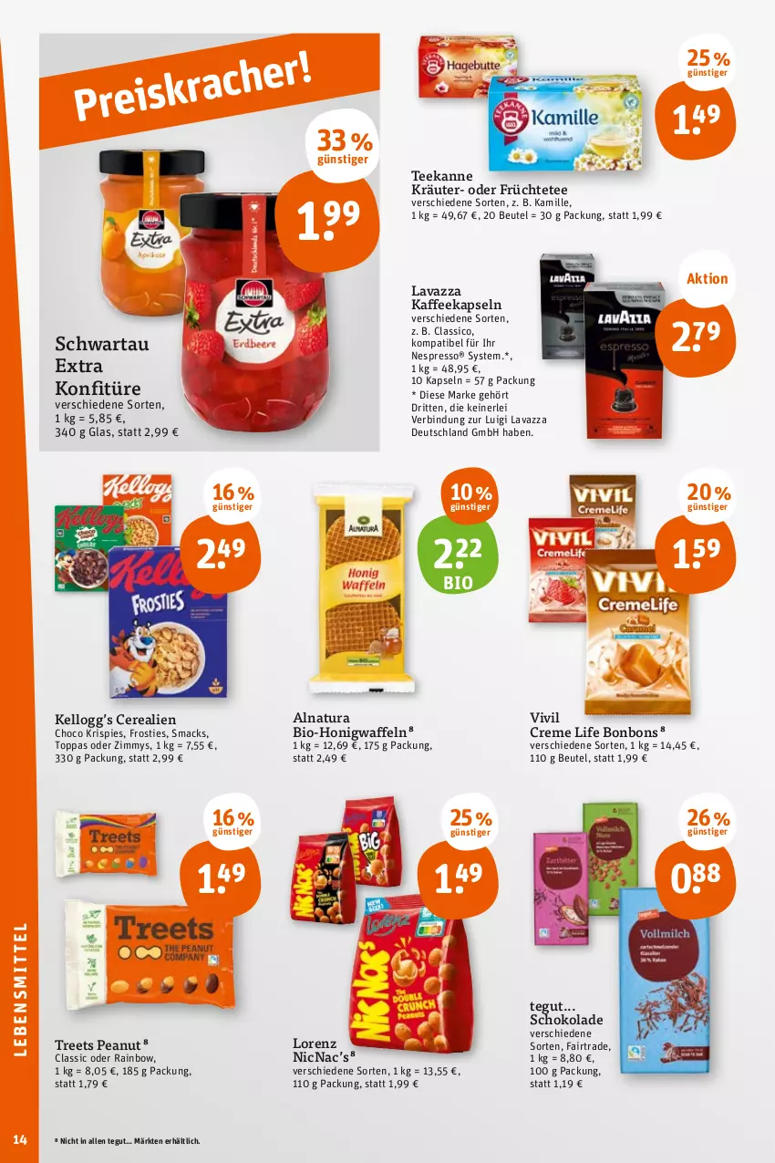 Aktueller Prospekt Tegut - Angebote der Woche - von 10.07 bis 15.07.2023 - strona 16 - produkty: beutel, bio, bonbons, cerealien, classico, creme, espresso, Frosties, früchte, Früchtetee, honig, kaffee, kaffeekapseln, Kamill, kamille, konfitüre, kräuter, lavazza, lebensmittel, lorenz, mac, natur, natura, nespresso, schoko, schokolade, Schwartau, Smacks, tee, teekanne, Ti, waffeln