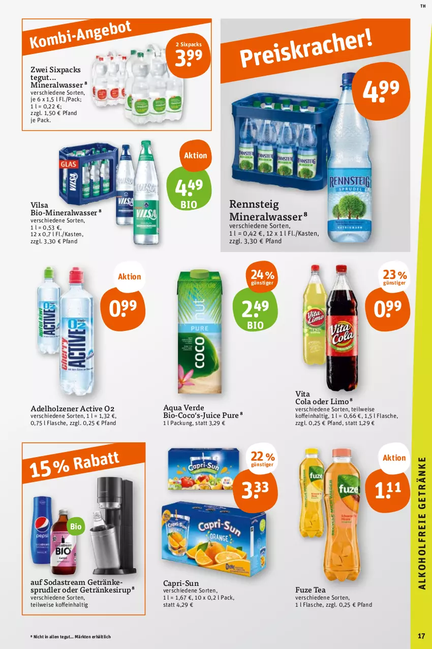 Aktueller Prospekt Tegut - Angebote der Woche - von 10.07 bis 15.07.2023 - strona 19 - produkty: adelholzener, Alwa, aqua, bio, Cap, capri-sun, cola, eis, erde, flasche, fuze tea, getränk, getränke, getränkesirup, Holz, limo, mineralwasser, sirup, Soda, sodastream, Ti, vilsa, vita, Vita C, wasser