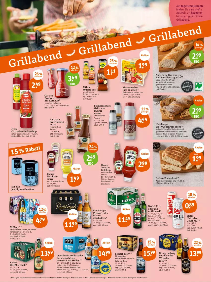 Aktueller Prospekt Tegut - Angebote der Woche - von 10.07 bis 15.07.2023 - strona 2 - produkty: alkohol, angebot, angebote, baguette, Berger, bier, bio, braun, brot, brother, burger, curry, dekoration, eis, elle, feinkost, Fladenbrot, flasche, getränk, getränke, gewürz, gewürzketchup, glasflasche, grill, heinz, Hela, herzberger, ketchup, kräuter, kräutern, Kühne, mac, mestemacher, Mixer, mixery, natur, natura, naturland, pils, pilsener, pilsner, radeberger, radeberger pilsner, rezept, rezepte, sauce, Stiegl, störtebeker, Tasche, taschen, Ti, tomate, tomaten, tomatenmark, tomato ketchup, Tüte, weissbier, Weizenbrot, würzsauce