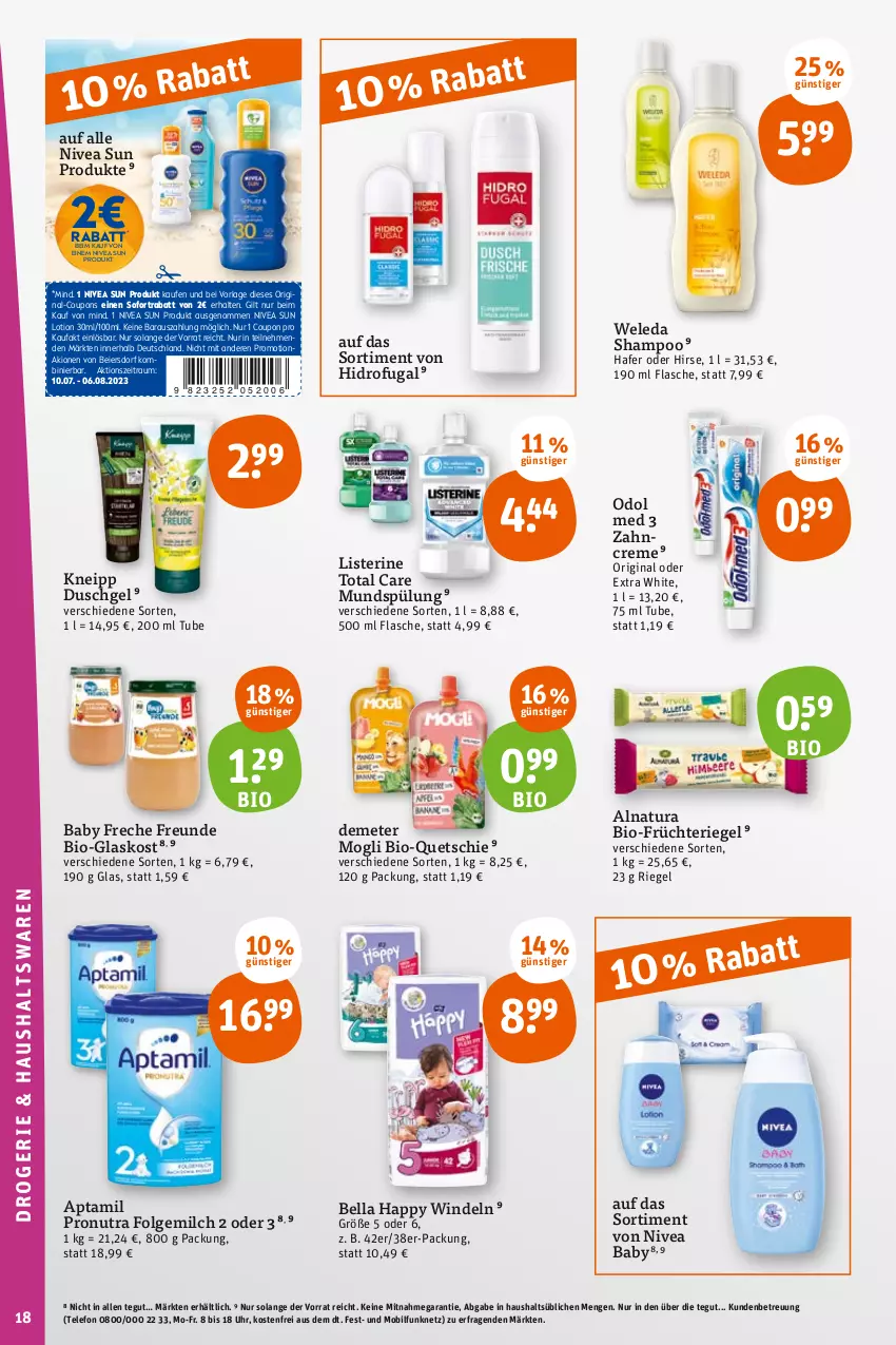 Aktueller Prospekt Tegut - Angebote der Woche - von 10.07 bis 15.07.2023 - strona 20 - produkty: bio, coupon, coupons, creme, duschgel, eier, flasche, folgemilch, freche freunde, früchte, gin, hafer, kneipp, LG, listerine, Lotion, milch, mundspülung, natur, natura, nivea, Nivea Baby, nivea sun, Odol, odol med, riegel, shampoo, sofortrabatt, spülung, Sun Lotion, telefon, Ti, total care, uhr, weleda, windeln, zahncreme