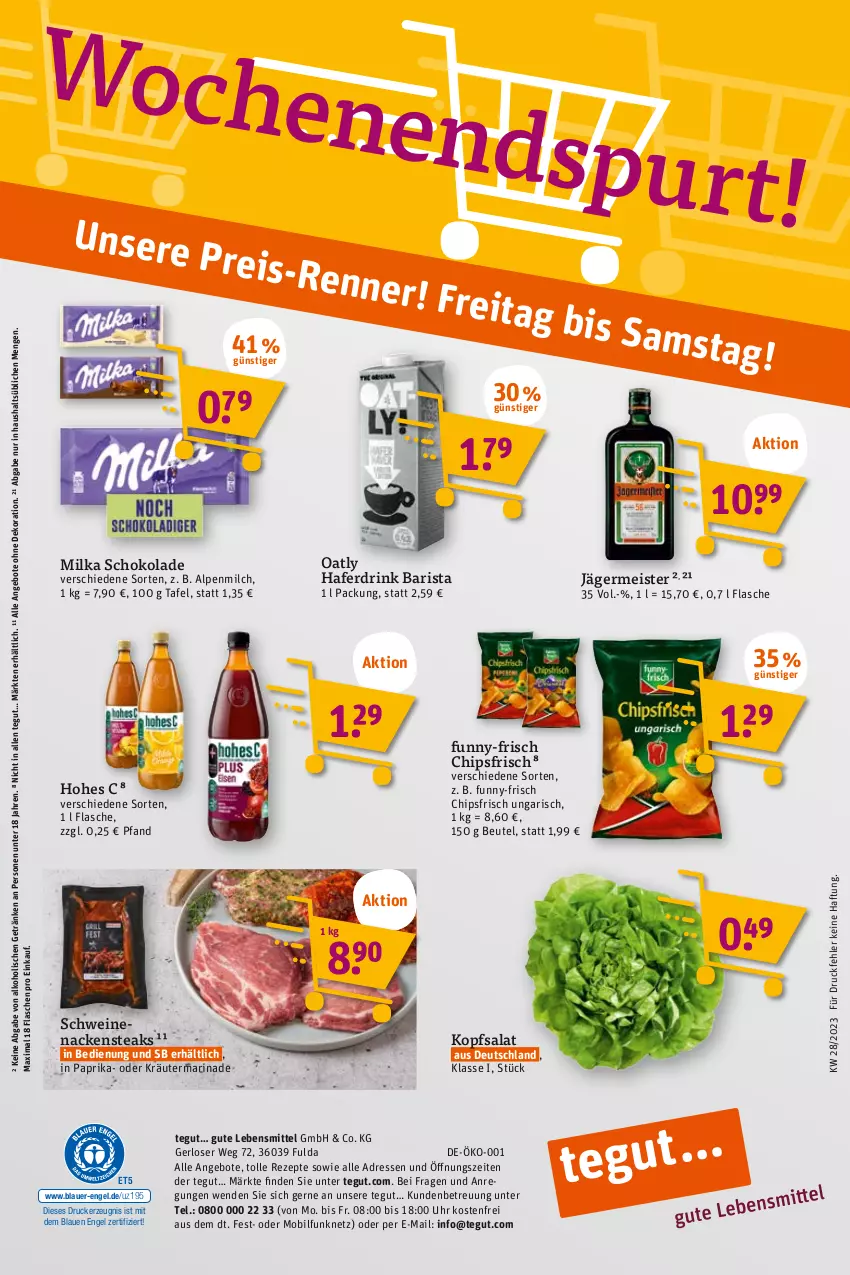 Aktueller Prospekt Tegut - Angebote der Woche - von 10.07 bis 15.07.2023 - strona 22 - produkty: alkohol, alpenmilch, angebot, angebote, auer, beutel, chips, chipsfrisch, dekoration, drink, drucker, eis, Engel, flasche, Fulda, funny-frisch, Germ, getränk, getränke, hafer, Haferdrink, Hohes C, jägermeister, kerze, kopfsalat, kräuter, lebensmittel, marinade, Meister, milch, milka, milka schokolade, Nackensteak, nackensteaks, oder kräuter, paprika, reis, rezept, rezepte, salat, schoko, schokolade, schwein, schweine, schweinenacken, steak, steaks, Ti, uhr, wein, weine