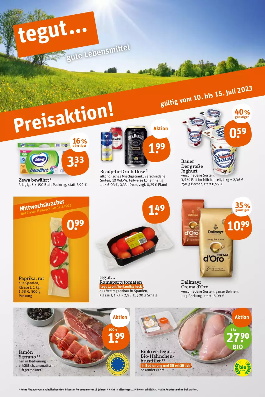 Aktueller Prospekt Tegut - Angebote der Woche - von 10.07 bis 15.07.2023 - strona 3 - produkty: alkohol, angebot, angebote, auer, Bau, Bauer, Becher, bio, bohne, bohnen, brustfilet, dallmayr, dekoration, drink, Drink Dose, eis, filet, getränk, getränke, hähnchenbrust, hähnchenbrustfilet, jamón serrano, joghur, joghurt, milch, paprika, reis, Schal, Schale, serrano, Ti, tisch, tomate, tomaten, zewa