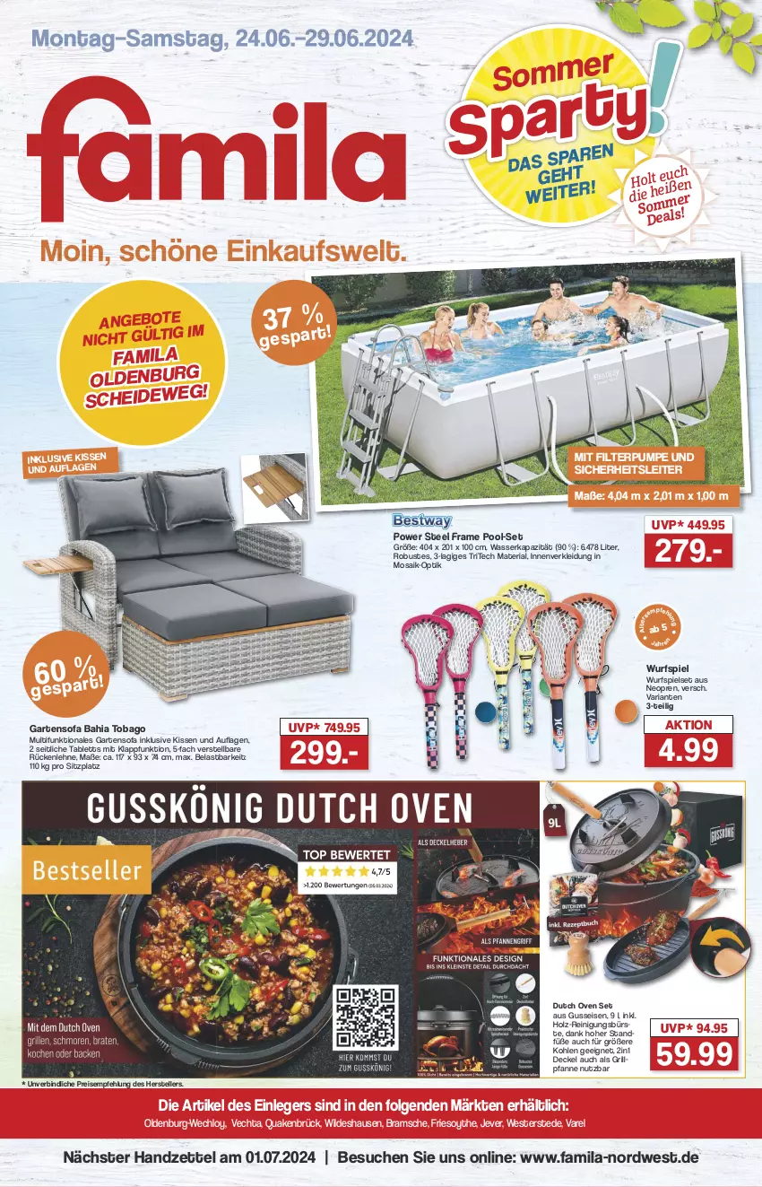 Aktueller Prospekt Famila - Prospekte - von 24.06 bis 29.06.2024 - strona 1 - produkty: angebot, angebote, bürste, decke, Deckel, eis, elle, Garten, grill, Grillpfanne, Holz, jever, kissen, kleid, Kleidung, LG, pfanne, pool, Reinigung, reinigungsbürste, reis, rel, Ria, rückenlehne, Sofa, tablet, tablett, tee, teller, Ti, wasser, Weste, Wild