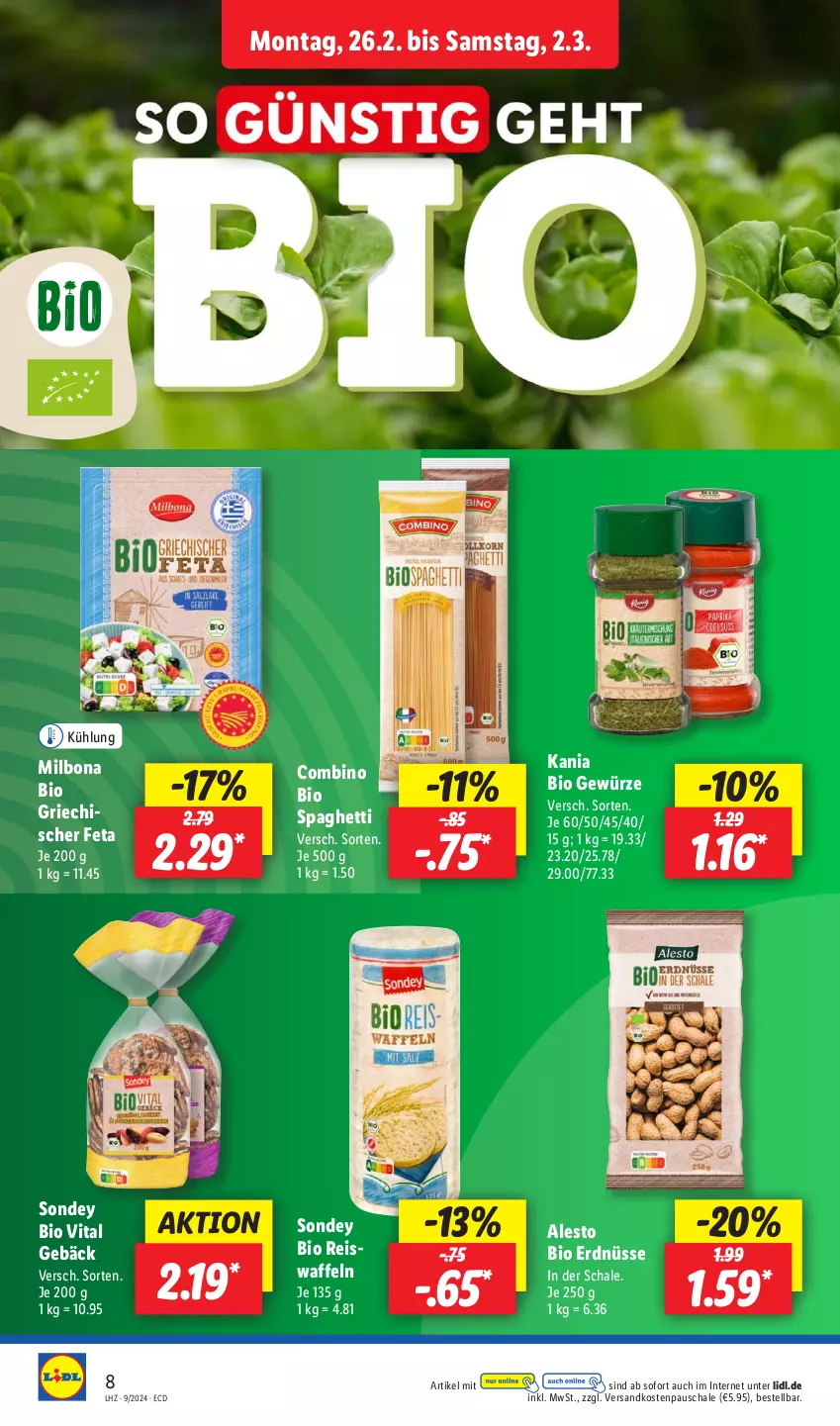 Aktueller Prospekt Lidl - Aktionsprospekt - von 26.02 bis 02.03.2024 - strona 10 - produkty: alesto, bio, Bona, eis, eiswaffeln, erdnüsse, feta, gewürz, Milbona, ndk, reis, Reiswaffeln, Schal, Schale, Sondey, spaghetti, Ti, vita, waffeln