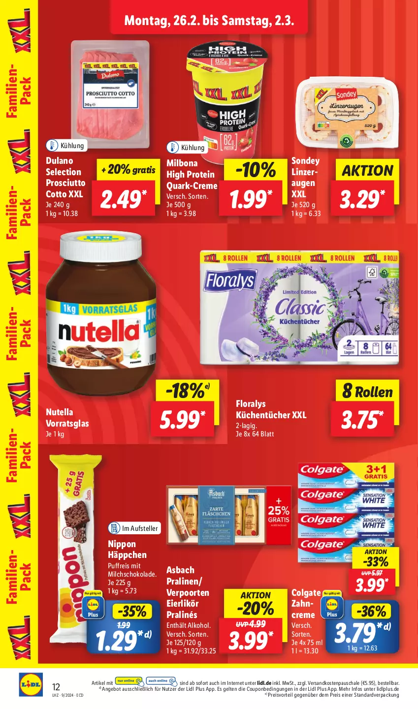 Aktueller Prospekt Lidl - Aktionsprospekt - von 26.02 bis 02.03.2024 - strona 14 - produkty: alkohol, angebot, Bona, colgate, coupon, creme, dulano, eier, eierlikör, eis, elle, Floralys, küche, Küchen, küchentücher, LG, likör, Milbona, milch, ndk, nippon, nutella, pralinen, preisvorteil, prosciutto, prosciutto cotto, quark, reis, Schal, Schale, schoko, schokolade, Sondey, teller, Ti, tücher, verpoorten, zahncreme