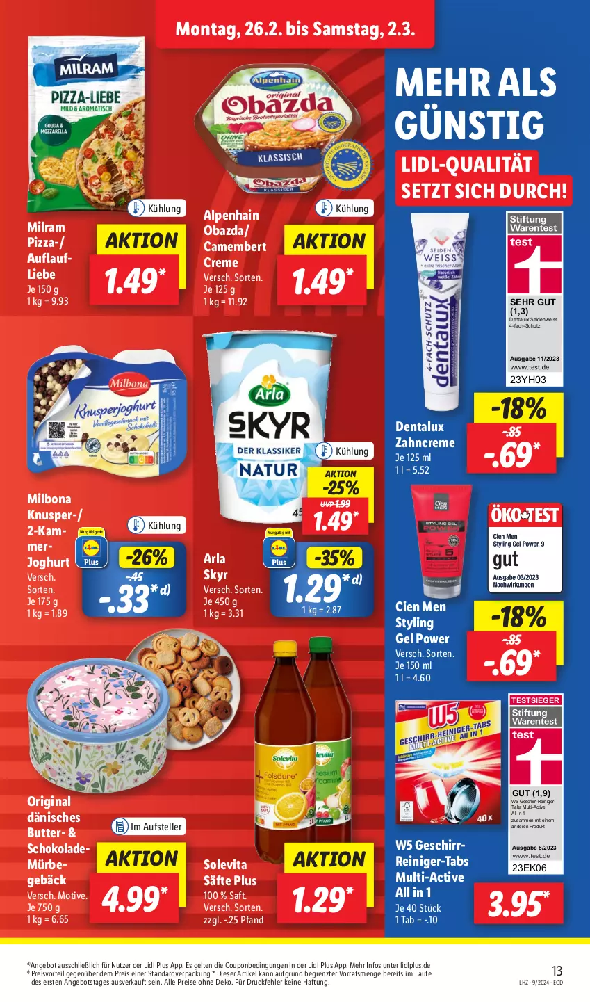 Aktueller Prospekt Lidl - Aktionsprospekt - von 26.02 bis 02.03.2024 - strona 15 - produkty: Alpenhain, angebot, arla, arla skyr, Bona, butter, camembert, camembert creme, Cien, coupon, creme, Dentalux, eis, elle, geschirr, gin, joghur, joghurt, Milbona, milram, obazda, pizza, preisvorteil, reiniger, reis, saft, säfte, schoko, schokolade, Skyr, Styling Gel, teller, Ti, vita, zahncreme, ZTE