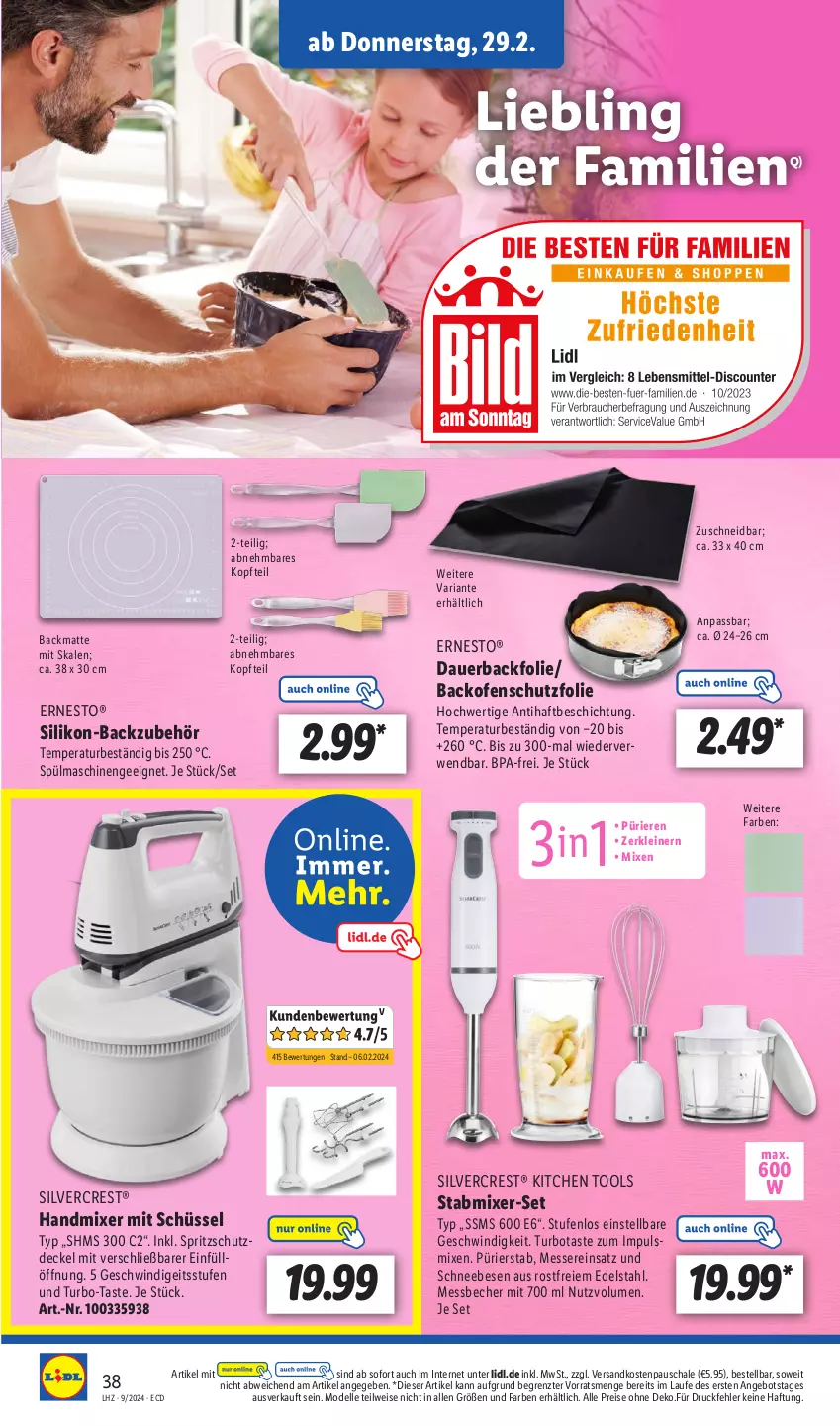 Aktueller Prospekt Lidl - Aktionsprospekt - von 26.02 bis 02.03.2024 - strona 44 - produkty: angebot, auer, Backfolie, Backmatte, backofen, Backzubehör, Becher, decke, Deckel, dell, edelstahl, eis, elle, ernesto, handmixer, leine, Messbecher, messer, Mixer, Mode, ndk, Ofen, reis, Ria, rwe, Schal, Schale, Schneebesen, schüssel, silvercrest, Spritzschutz, stabmixer, Ti, ZTE