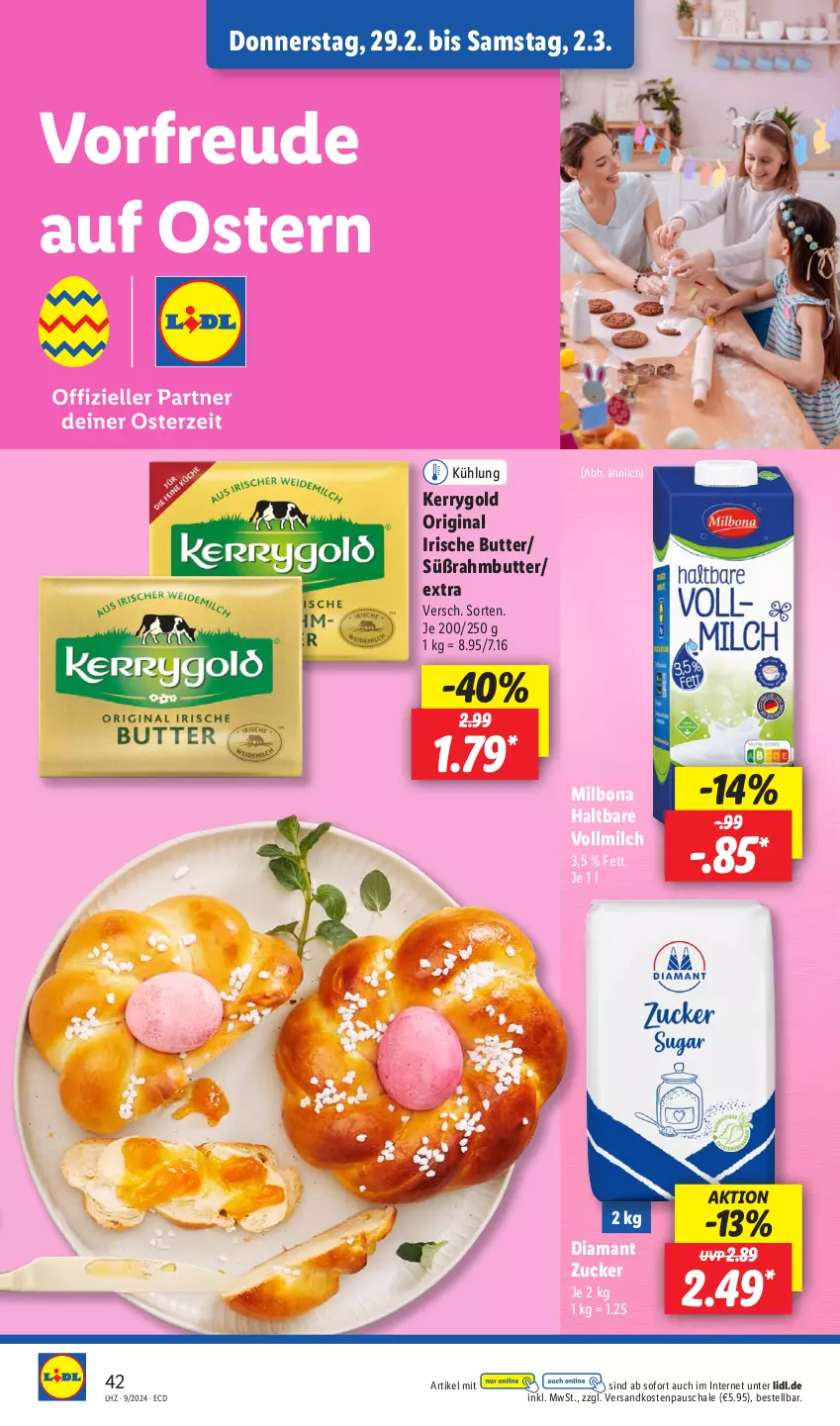 Aktueller Prospekt Lidl - Aktionsprospekt - von 26.02 bis 02.03.2024 - strona 48 - produkty: Bona, butter, gin, irische butter, kerrygold, Milbona, milch, ndk, Schal, Schale, Süßrahmbutter, Ti, vollmilch, zucker