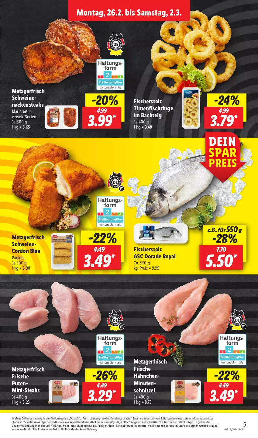 Aktueller Prospekt Lidl - Aktionsprospekt - von 26.02 bis 02.03.2024 - strona 5 - produkty: angebot, cordon bleu, coupon, Dorade, dorade royal, eis, elle, fisch, fische, Fischer, Frische Hähnchen, minutenschnitzel, Nackensteak, nackensteaks, pute, reis, ring, schnitzel, schwein, schweine, schweinenacken, steak, steaks, Ti, Tintenfischringe, wein, weine, ZTE