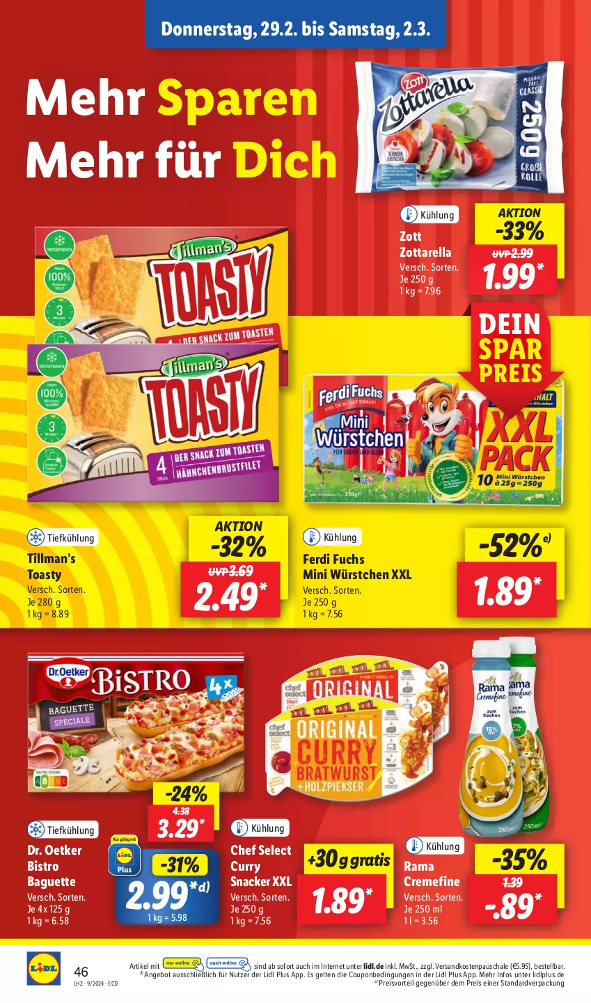 Aktueller Prospekt Lidl - Aktionsprospekt - von 26.02 bis 02.03.2024 - strona 52 - produkty: angebot, baguette, Bistro Baguette, coupon, creme, curry, Dr. Oetker, eis, ferdi fuchs, ndk, preisvorteil, rama, rama cremefine, reis, rel, Schal, Schale, snack, Ti, toast, toasty, würstchen, zott, zottarella