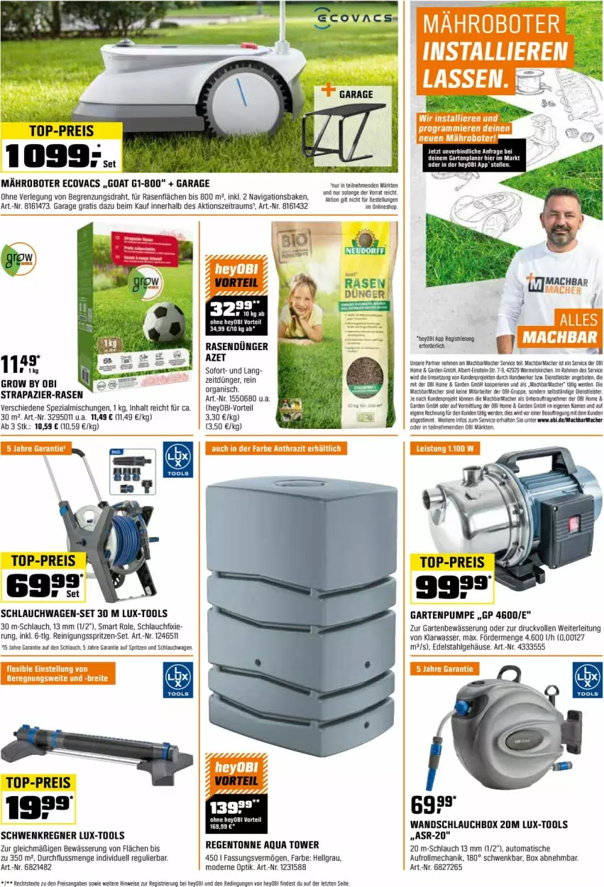 Aktueller Prospekt Obi - Prospekte - von 01.04 bis 30.04.2024 - strona 6 - produkty: angebot, angebote, aqua, arla, auto, Draht, dünger, edelstahl, eis, erde, Garten, Gartenpumpe, LG, mac, mähroboter, Mode, rasen, rasendünger, Reinigung, reis, schlauch, schlauchwagen, senf, Spezi, tee, Ti, tisch, top-preis, wasser, Yo, ZTE