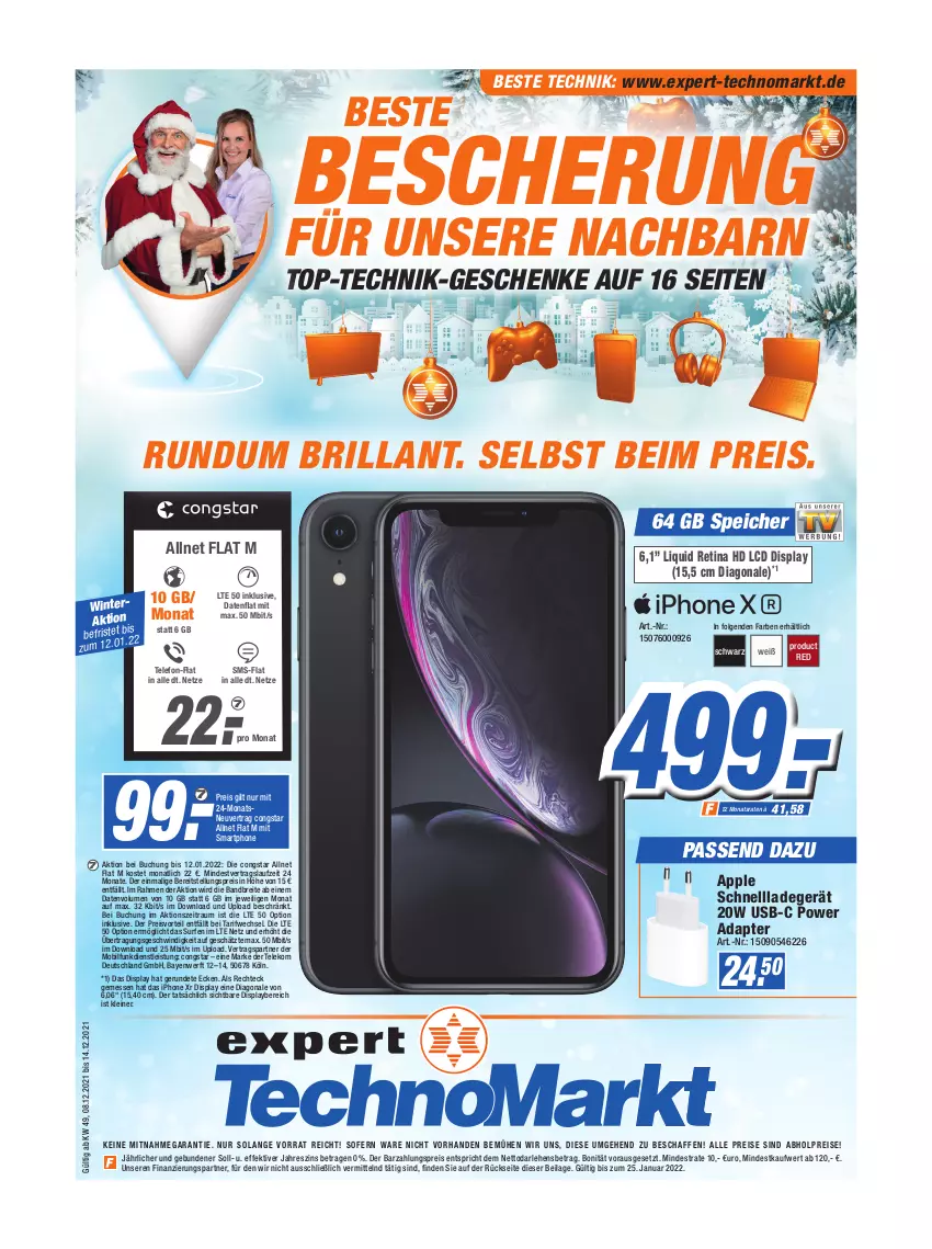 Aktueller Prospekt Expert Technomarkt - Prospekte - von 08.12 bis 14.12.2021 - strona 1 - produkty: abholpreise, adapter, alle preise sind abholpreise, allnet flat, Apple, Brei, buch, congstar, eis, ilag, iphone, IPhone X, iphone xr, ladegerät, leine, LG, preisvorteil, reis, schnellladegerät, smartphone, Surf, telefon, Ti, usb, ZTE