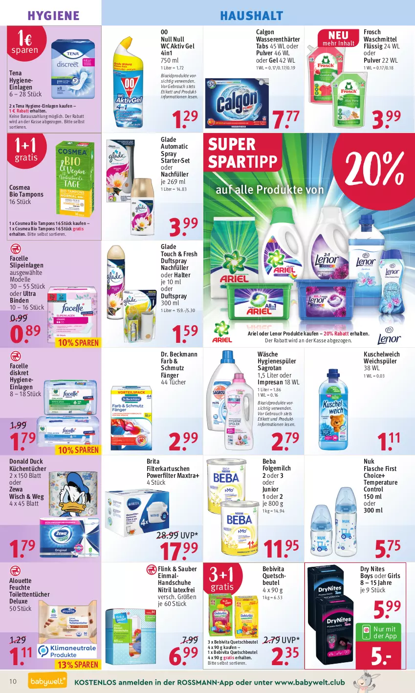 Aktueller Prospekt Rossmann - Prospekte - von 25.04 bis 29.04.2022 - strona 10 - produkty: aktiv gel, alouette, ariel, auto, Beba, bebivita, beutel, binden, bio, biozidprodukte, brita, calgon, cosmea, dell, Dr. Beckmann, Duck, Duftspray, elle, Facelle, filterkartuschen, flasche, folgemilch, Frosch, Glade, handschuhe, hygienespüler, küche, Küchen, küchentücher, Kuschelweich, lenor, LG, Maxtra, milch, Mode, nuk, quetschbeutel, Rauch, resa, rwe, sagrotan, schuhe, slip, slipeinlagen, spartipp, Tampon, tampons, Ti, Tiere, toilettentücher, tücher, vita, waschmittel, wasser, wasserenthärter, Wasserenthärter Tabs, weichspüler, zewa