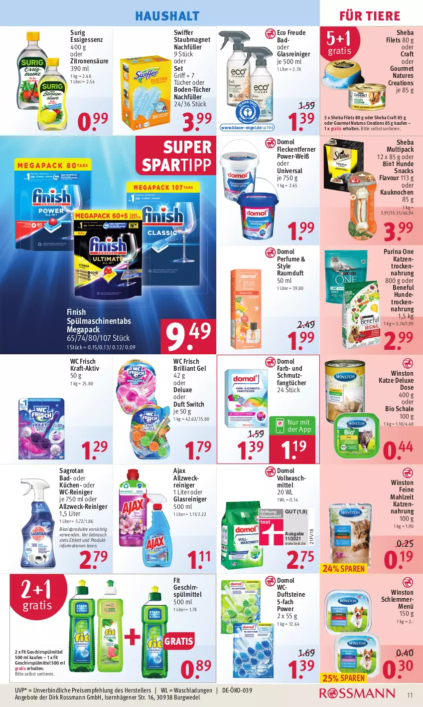 Aktueller Prospekt Rossmann - Prospekte - von 25.04 bis 29.04.2022 - strona 11 - produkty: ajax, allzweckreiniger, angebot, angebote, auer, Bad, bio, biozidprodukte, Domol, eis, elle, Engel, essig, Fangtücher, filet, filets, Finish, fleckentferner, geschirr, geschirrspülmittel, Glasreiniger, Hunde Snacks, Hundetrockennahrung, katzennahrung, kraft, küche, Küchen, natur, purina, Rauch, Raumduft, reiniger, reis, rwe, sagrotan, Schal, Schale, sheba, snack, snacks, spartipp, spülmaschinen, spülmaschinentabs, spülmittel, staubmagnet, swiffer, teller, Ti, Tiere, Trockennahrung, tücher, vollwaschmittel, waschmittel, wc frisch, wc-reiniger, weck, wedel, zitrone, zitronen