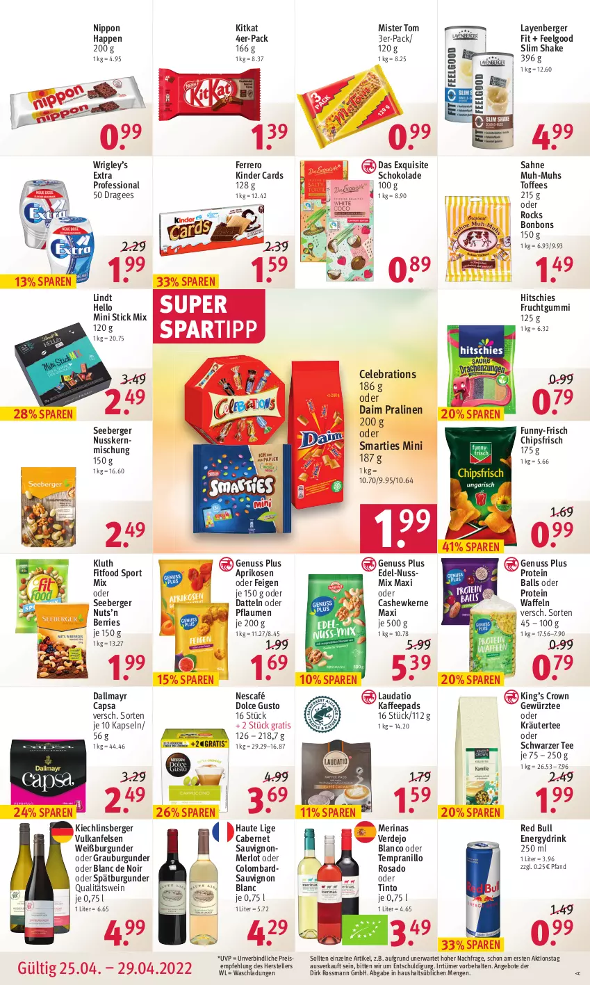 Aktueller Prospekt Rossmann - Prospekte - von 25.04 bis 29.04.2022 - strona 12 - produkty: angebot, angebote, aprikose, aprikosen, ball, Berger, bonbons, burgunder, cabernet, cabernet sauvignon, Cap, Cashew, cashewkerne, chips, chipsfrisch, daim, dallmayr, dallmayr capsa, Datteln, dolce gusto, drink, eis, elle, erde, Feigen, ferrero, frucht, fruchtgummi, funny-frisch, gewürz, grauburgunder, kaffee, kaffeepads, Kinder, kitkat, kräuter, LG, lindt, merl, merlot, Nescafé, nippon, nuss, Nussmix, oder kräuter, pflaume, pflaumen, pralinen, qualitätswein, red bull, reis, sahne, sauvignon, sauvignon blanc, schoko, schokolade, schwarzer tee, seeberger, shake, smarties, spartipp, spätburgunder, Sport, tee, teller, tempranillo, Ti, waffeln, wein, Weißburgunder, ZTE