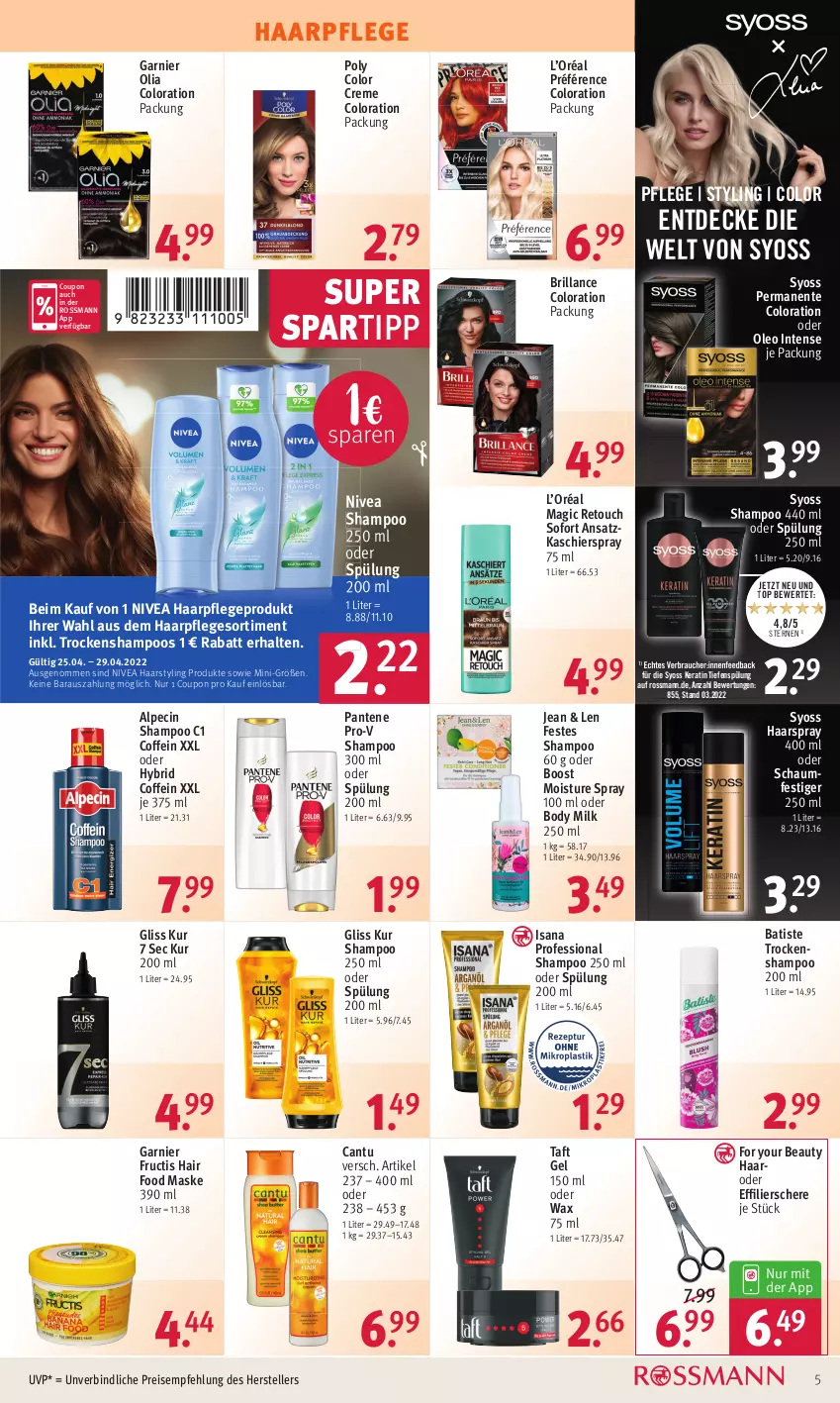 Aktueller Prospekt Rossmann - Prospekte - von 25.04 bis 29.04.2022 - strona 5 - produkty: alpecin, body, body milk, brillance, cin, coffein, Color creme, coupon, creme, decke, eis, elle, ente, For Your Beauty, fructis, garnier, gliss, gliss kur, haarpflege, haarspray, isana, Maske, nivea, oder schaumfestiger, pantene, pantene pro-v, pro-v, Rauch, reis, sana, schaumfestiger, Schere, shampoo, shampoo 250 ml, spartipp, spülung, spülung 200 ml, syoss, Taft, teller, Ti, Trockenshampoo, Yo