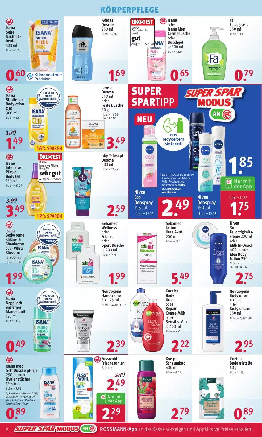 Aktueller Prospekt Rossmann - Prospekte - von 25.04 bis 29.04.2022 - strona 8 - produkty: Adidas, Bad, Badekristalle, balsam, beutel, bio, biozidprodukte, body, body lotion, bodylotion, butter, creme, cremedusche, deo, deospray, deospray 150 ml, dusche, duschgel, eis, feuchtigkeitscreme, flüssigseife, Fusswohl, garnier, handcreme, isana, kakao, kneipp, körperpflege, lack, Lacke, lavera, Lotion, mandel, Nagellack, Nagellackentferner, neutrogena, nivea, Nivea Men, Q10, Rauch, reis, Ria, rwe, sana, schaumbad, sebamed, Seife, Sheabutter, spartipp, Sport, Ti, tücher