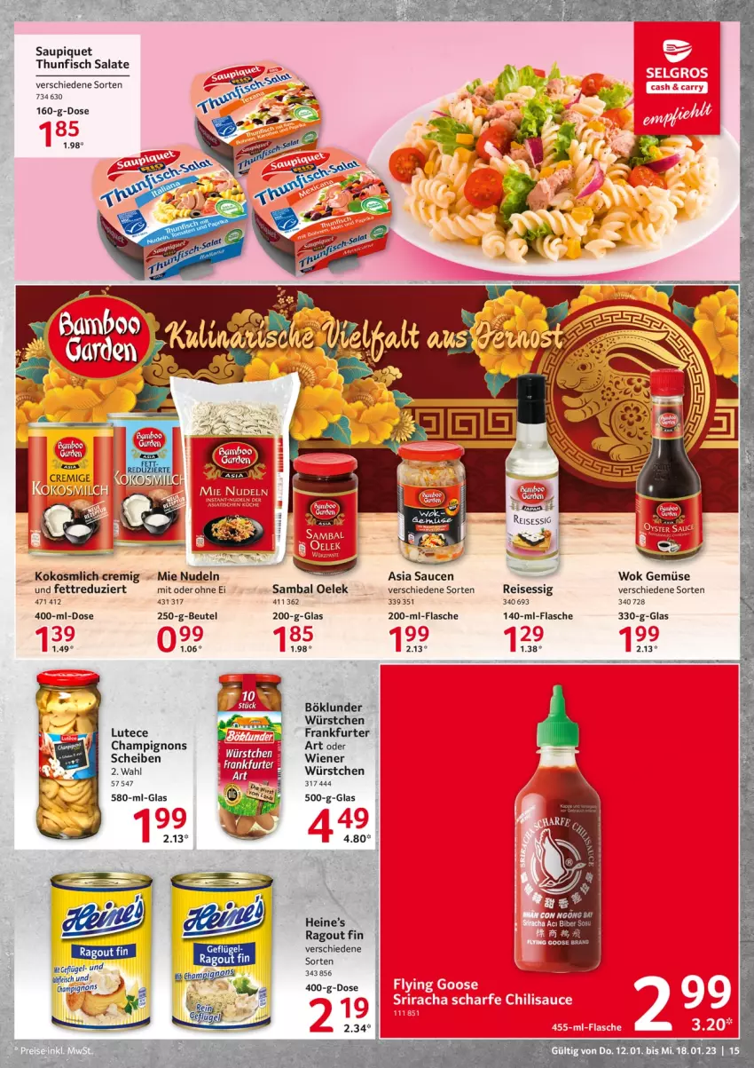 Aktueller Prospekt Selgros - Food - von 12.01 bis 18.01.2023 - strona 15 - produkty: beutel, böklunder, champignon, champignons, eis, essig, fisch, flasche, frankfurter, Geflügel, kokos, nudel, nudeln, Ragout, reis, salat, salate, Sambal Oelek, sauce, saucen, saupiquet, thunfisch, thunfisch salat, Ti, wiener, wok, wurst, würstchen