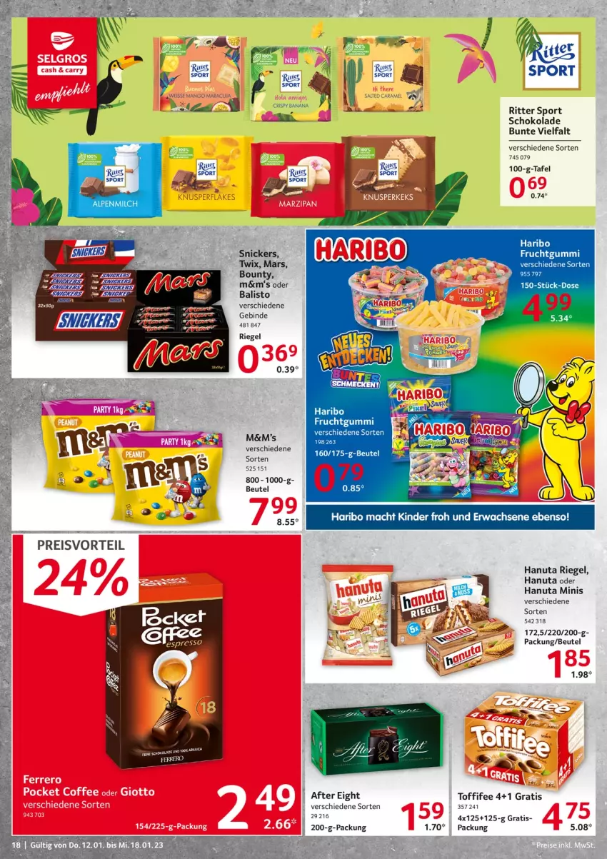 Aktueller Prospekt Selgros - Food - von 12.01 bis 18.01.2023 - strona 18 - produkty: after eight, beutel, bounty, frucht, fruchtgummi, hanuta, haribo, Kinder, mac, mars, riegel, ritter, ritter sport, schoko, schokolade, snickers, Sport, Ti, toffifee, twix, WICK