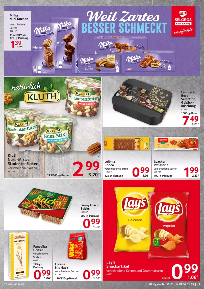 Aktueller Prospekt Selgros - Food - von 12.01 bis 18.01.2023 - strona 19 - produkty: Amber, Becher, beutel, ente, Funny Frisch, grissini, kuchen, lambertz, leibniz, LG, lorenz, milka, nuss, studentenfutter, Ti