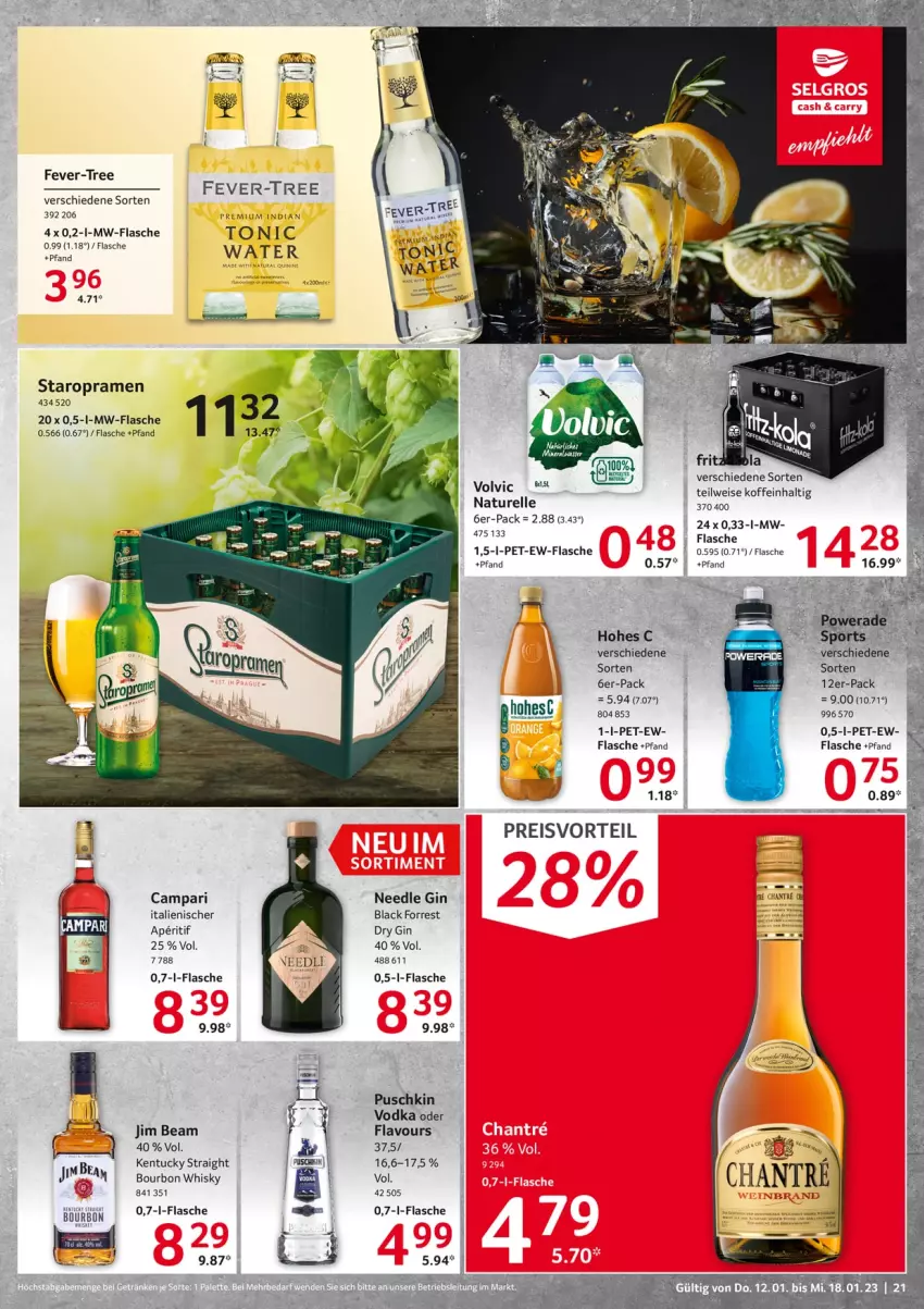 Aktueller Prospekt Selgros - Food - von 12.01 bis 18.01.2023 - strona 21 - produkty: aperitif, bourbon, campari, dry gin, eis, elle, fever-tree, flasche, gin, Hohes C, jim beam, kentucky straight, lack, mw-flasche, natur, rel, Sport, Staropramen, Ti, tonic, tuc, vodka, volvic, whisky