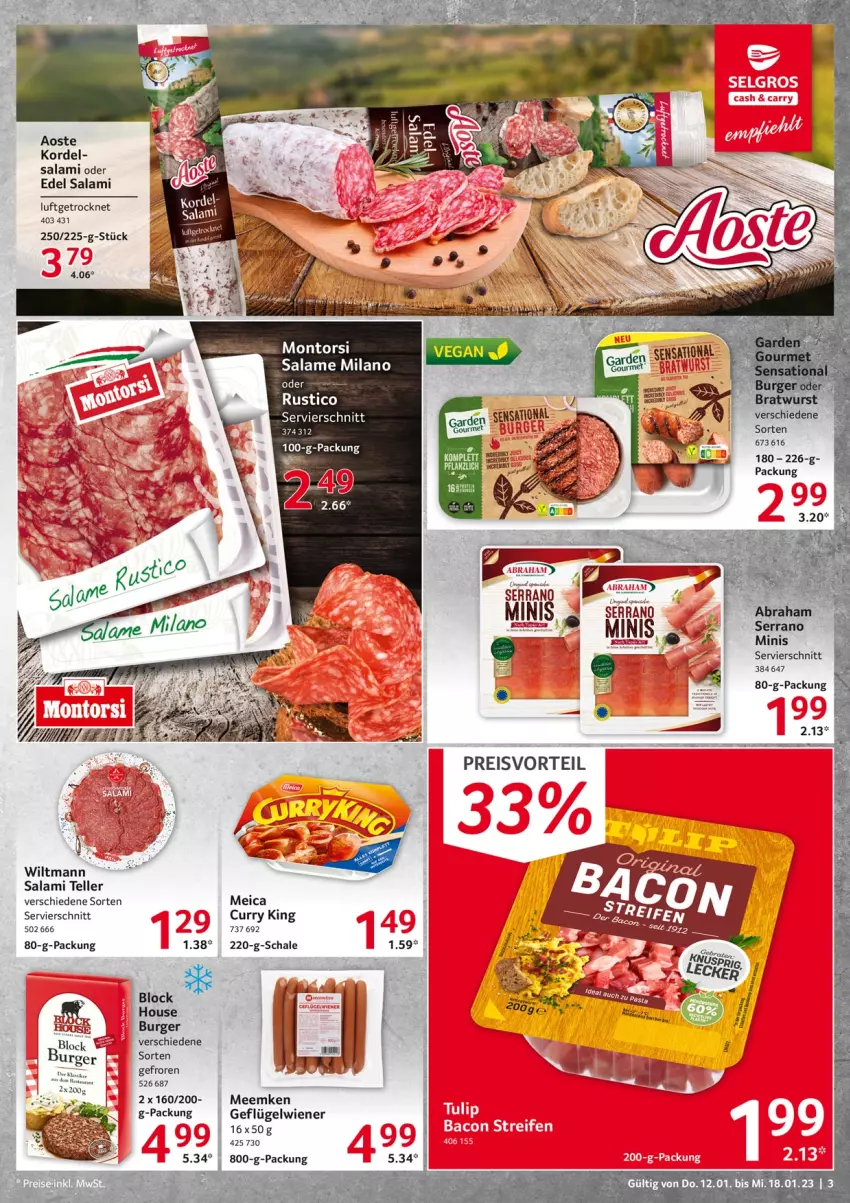 Aktueller Prospekt Selgros - Food - von 12.01 bis 18.01.2023 - strona 3 - produkty: bratwurst, burger, curry, eis, elle, Geflügel, meica, montorsi, preisvorteil, reis, salami, Schal, Schale, serrano, tee, teller, Ti, wiener, wiltmann, wurst