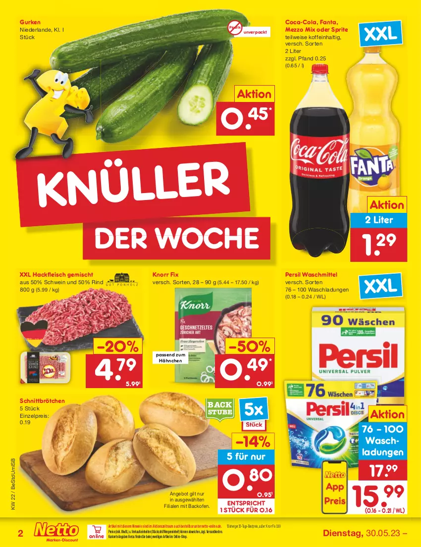 Aktueller Prospekt Netto Marken-Discount - Filial-Angebote - von 30.05 bis 03.06.2023 - strona 2 - produkty: angebot, asti, backofen, bestpreis, brötchen, coca-cola, cola, eis, fanta, fleisch, gurke, gurken, hackfleisch, hackfleisch gemischt, knorr, knorr fix, Mezzo Mix, ndk, oder sprite, Ofen, persil, persil waschmittel, reis, rind, schwein, sprite, stube, Ti, waschmittel, wein