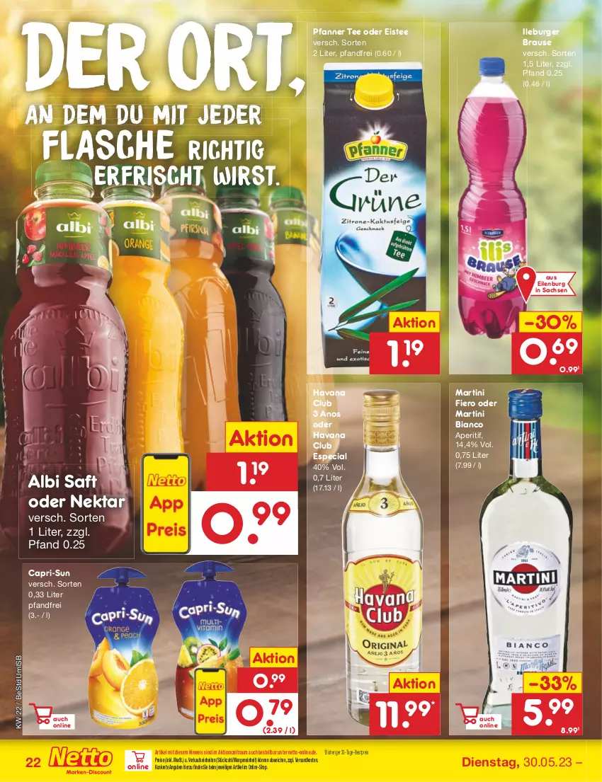 Aktueller Prospekt Netto Marken-Discount - Filial-Angebote - von 30.05 bis 03.06.2023 - strona 22 - produkty: aperitif, bestpreis, brause, burger, Cap, capri-sun, eis, eistee, flasche, Havana Club, martini, ndk, Nektar, pfanne, Pfanner, reis, sac, saft, tee, Ti