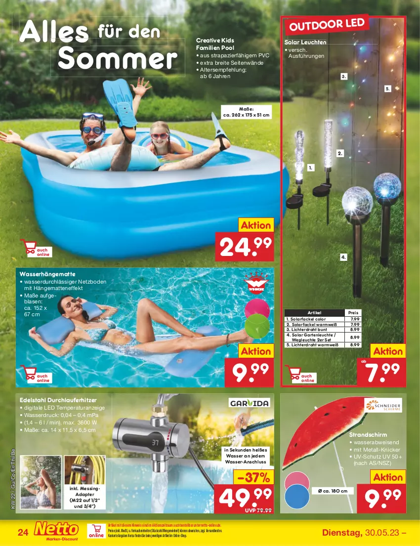 Aktueller Prospekt Netto Marken-Discount - Filial-Angebote - von 30.05 bis 03.06.2023 - strona 24 - produkty: adapter, Brei, Draht, edelstahl, eis, Garten, hängematte, Leuchte, leuchten, ndk, pool, reis, Solarfackel, Ti, uv-schutz, wasser, Wasserhängematte