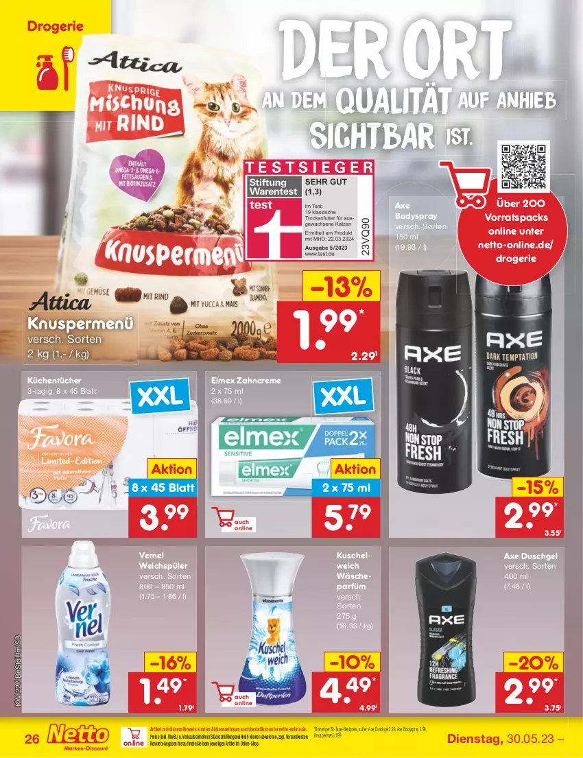 Aktueller Prospekt Netto Marken-Discount - Filial-Angebote - von 30.05 bis 03.06.2023 - strona 26 - produkty: axe, axe duschgel, bestpreis, body, bodyspray, creme, duschgel, eis, elmex, küche, Küchen, küchentücher, Kuschelweich, ndk, reis, Ti, tücher, vernel, wäscheparfüm, weichspüler, zahncreme