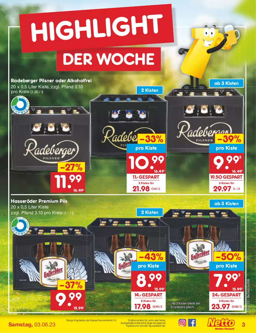 Aktueller Prospekt Netto Marken-Discount - Filial-Angebote - von 30.05 bis 03.06.2023 - strona 3 - produkty: alkohol, angebot, Berger, bestpreis, eis, hasseröder, pils, pilsner, premium pils, radeberger, radeberger pilsner, reis, Ti, ZTE