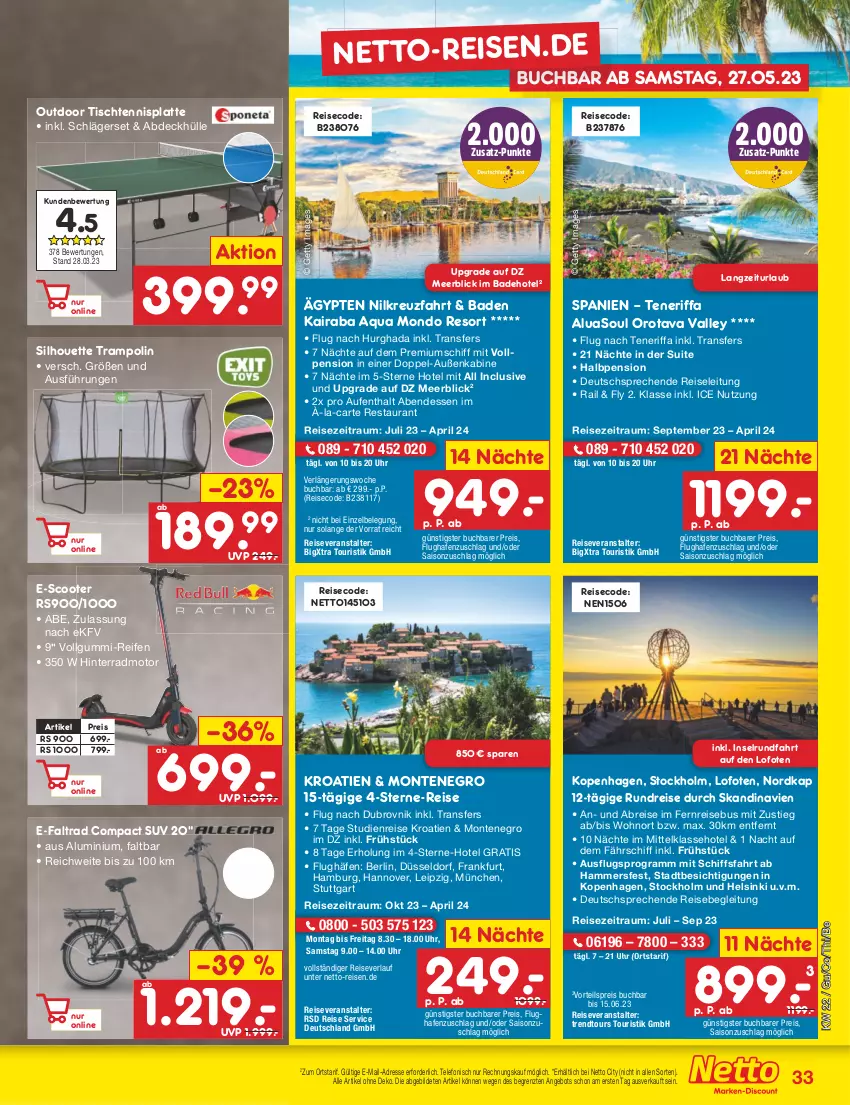 Aktueller Prospekt Netto Marken-Discount - Filial-Angebote - von 30.05 bis 03.06.2023 - strona 33 - produkty: angebot, aqua, Bad, Brei, buch, eis, gsw, latte, LG, monte, pril, reifen, reis, reiseveranstalter, reiseverlauf, scooter, telefon, Ti, tisch, Trampolin, trendtours touristik gmbh, uhr, vorteilspreis, ZTE