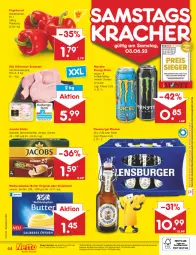 Gazetka promocyjna Netto Marken-Discount - Filial-Angebote - Gazetka - ważna od 03.06 do 03.06.2023 - strona 44 - produkty: angebot, angebote, bestpreis, bohne, bohnen, bohnenkaffee, burger, butter, discount, drink, eis, energy drink, flensburger, gin, hähnchen-schenkel, henkel, Holz, jacobs, kaffee, kracher, löslicher bohnenkaffee, marken-discount, monster, Monster Energy, ndk, paprika, paprika rot, pils, pilsener, reis, schenkel, Streichzart, Ti, weihenstephan, ZTE