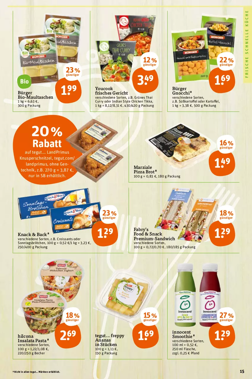 Aktueller Prospekt Tegut - Angebote der Woche - von 14.03 bis 19.03.2022 - strona 15 - produkty: ananas, Becher, bio, brot, brötchen, Croissant, croissants, curry, elle, ente, flasche, gnocchi, hilcona, Innocent, küche, landprimus, maultaschen, pasta, pizza, salat, sandwich, schnitzel, smoothie, snack, Sonntagsbrötchen, Tasche, taschen, Ti, Yo, YouCook