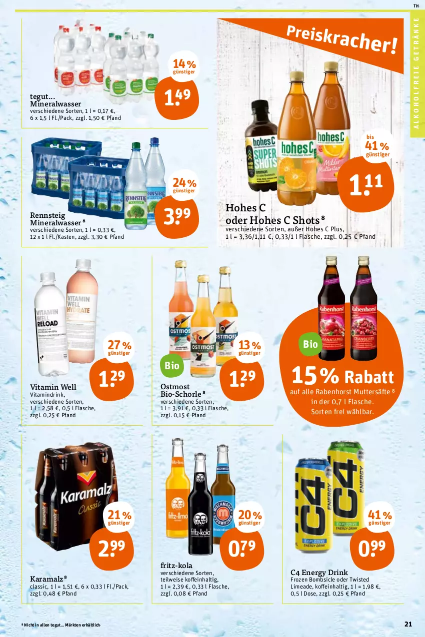 Aktueller Prospekt Tegut - Angebote der Woche - von 14.03 bis 19.03.2022 - strona 21 - produkty: alkohol, alkoholfreie getränke, Alwa, bio, drink, eis, energy drink, flasche, fritz, fritz-kola, getränk, getränke, Hohes C, karamalz, malz, mineralwasser, rama, säfte, schorle, Ti, vita, wasser