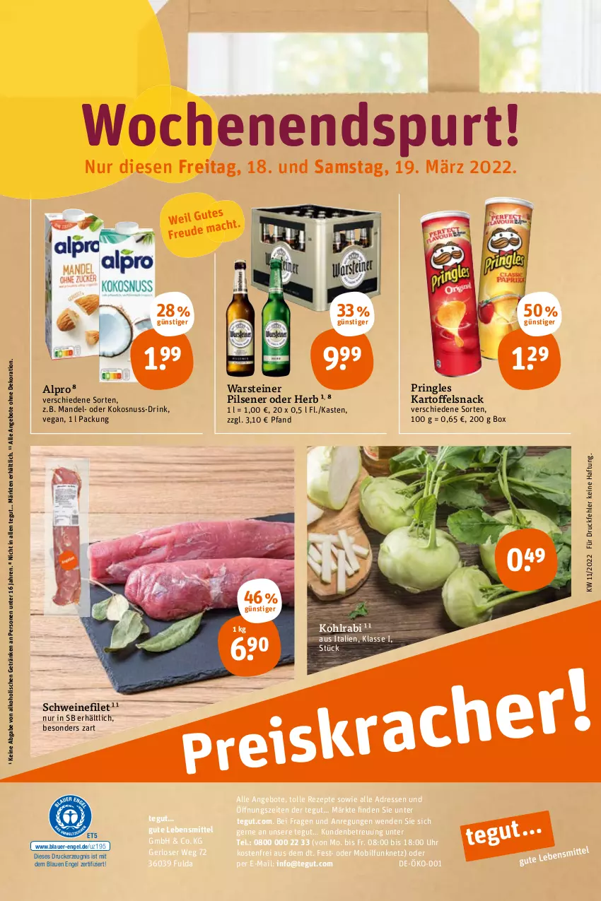 Aktueller Prospekt Tegut - Angebote der Woche - von 14.03 bis 19.03.2022 - strona 24 - produkty: alkohol, alpro, angebot, angebote, auer, dekoration, drink, drucker, Engel, filet, Fulda, getränk, getränke, kartoffel, kerze, kohlrabi, kokos, kokosnuss, lebensmittel, mandel, nuss, pils, pilsener, pringles, rezept, rezepte, ring, schwein, schweine, schweinefilet, snack, steiner, Ti, uhr, warsteiner, wein, weine