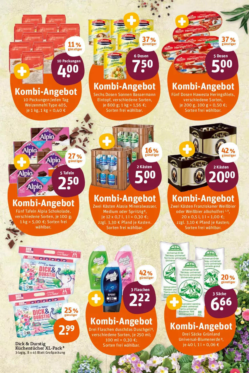 Aktueller Prospekt Tegut - Angebote der Woche - von 14.03 bis 19.03.2022 - strona 3 - produkty: alkohol, alpia, Alwa, angebot, bier, blume, blumen, blumenerde, duschdas, duschgel, eintopf, erde, filet, filets, flasche, franziskaner, hawesta, hering, Herings, heringsfilets, küche, Küchen, küchentücher, mehl, mineralwasser, ring, schoko, schokolade, Ti, topf, tücher, type 405, wasser, weizenmehl